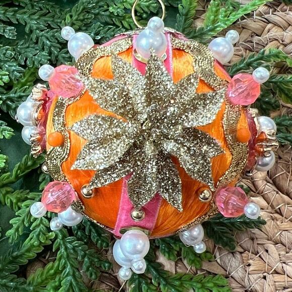 Beaded Push Pin Satin Thread Ball Christmas Ornament Mid Century Vintage Style - Picture 1 of 8